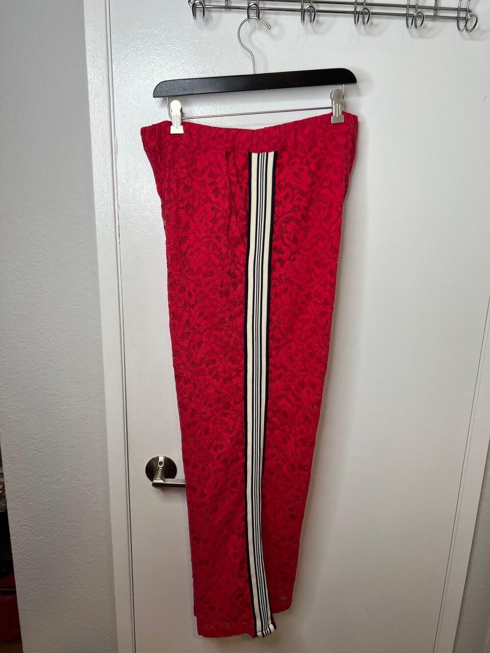 Anthropologie Red Wide-Leg Lace Pants with Center Stripe